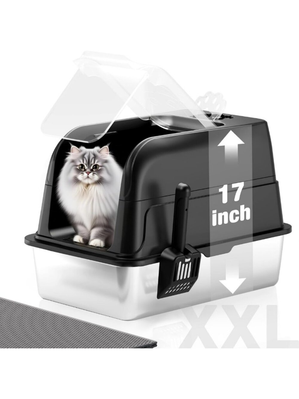 XL Large Stainless Steel Enclosed Cat Litter Box with Lid, High Sided, Scoop